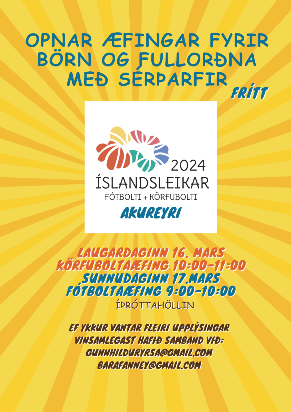 Opnar æfingar fyrir börn og fullorðna með sérþarfir 16. - 17. mars 2024 í Íþróttahöllinni á Akureyri